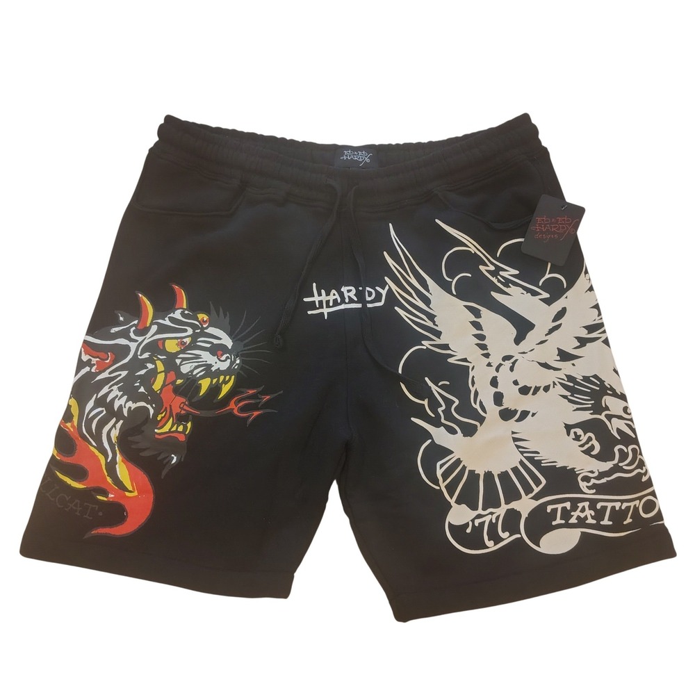 Ed Hardy Mens Hellcat Eagle Tattoo Sweat Shorts Black EHM8100-15R Large NWT‎